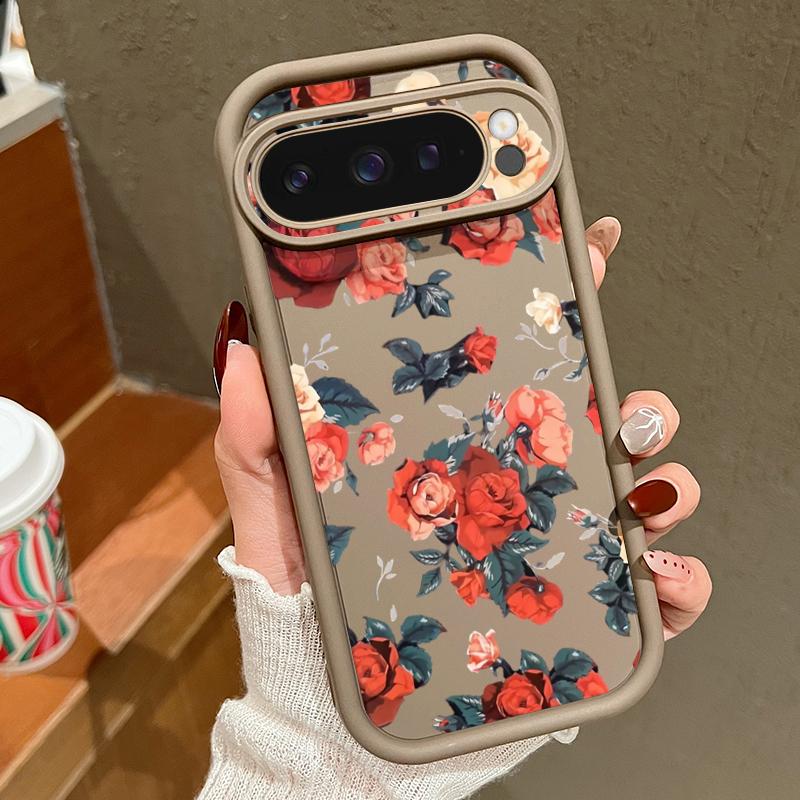 Rose Flower Pattern Plain Color Soft Silicone Phone Case for Google Pixel 9 8 Pro Xl 8a Shockproof Matte Lens Protection Anti-Fall Cover