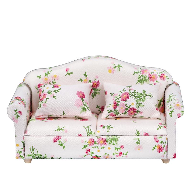 1:12 Dollhouse Miniature Floral Sofa Cover with Cushion in Pink-Green Flower Cluster Design