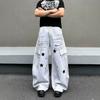 American street retro dirty dyed stars multi-pocket overalls men's and women's loose wide-leg casual straight jeans tide