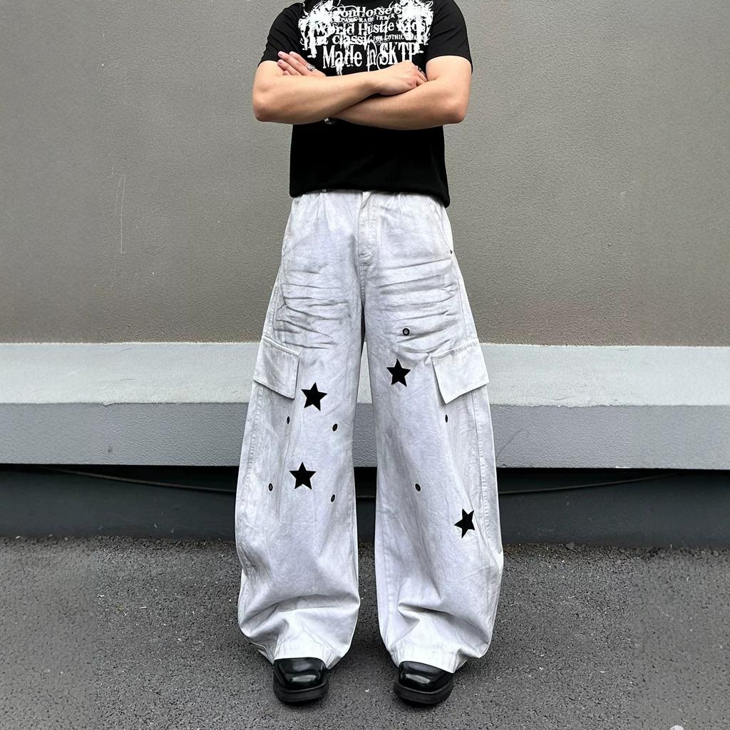 American street retro dirty dyed stars multi-pocket overalls men's and women's loose wide-leg casual straight jeans tide