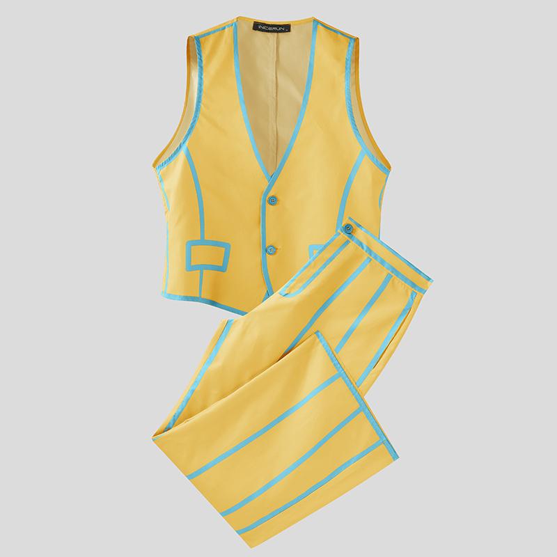 

INCERUN 2PCS Men Outfits Sleeveless Waistcoat Tops Long Pants Casual Sets 5XL жёлтый