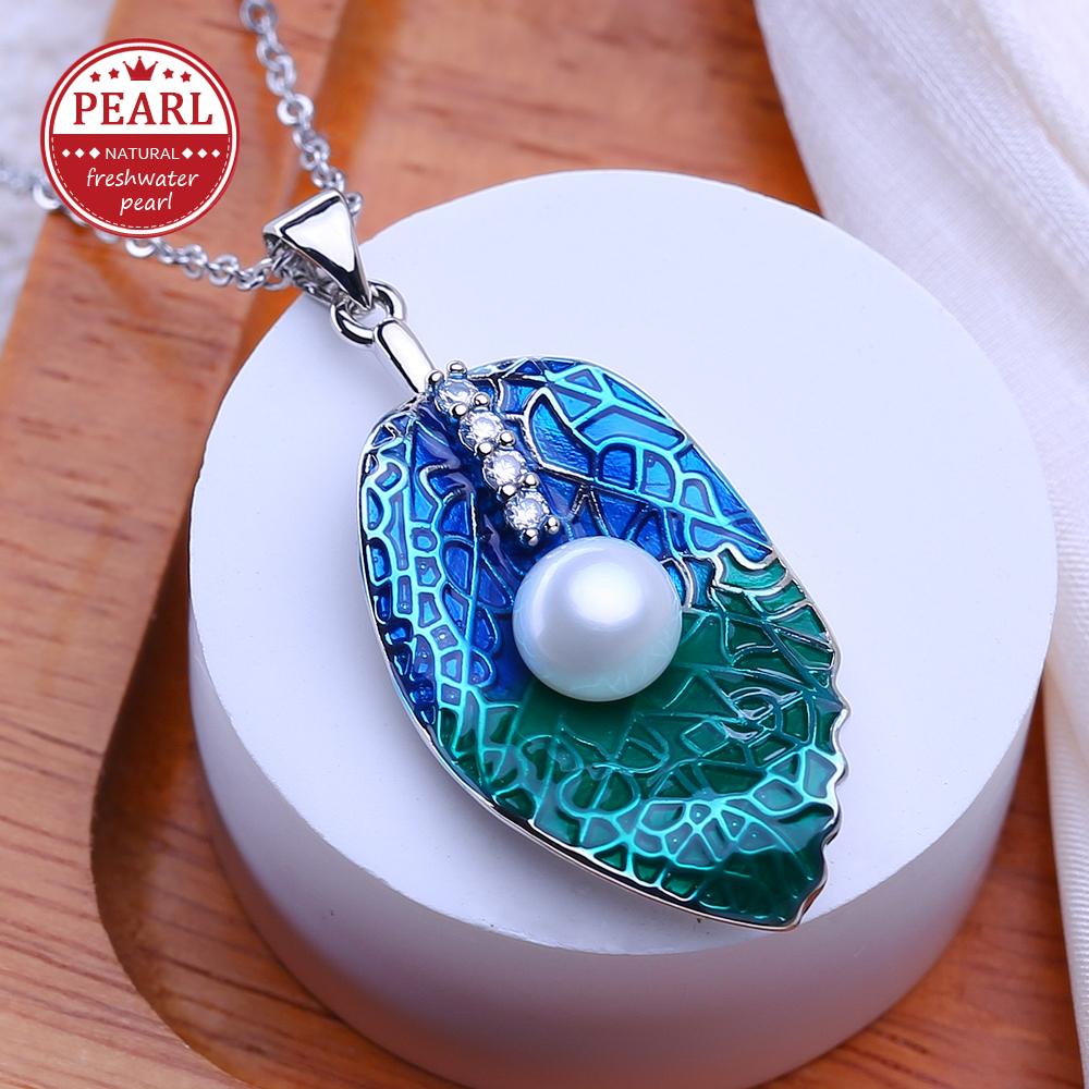 LSOOYH модное ожерелье с подвеской в ​​виде синего листа для женщин, ожерелье с пресноводным жемчугом и растениями белый