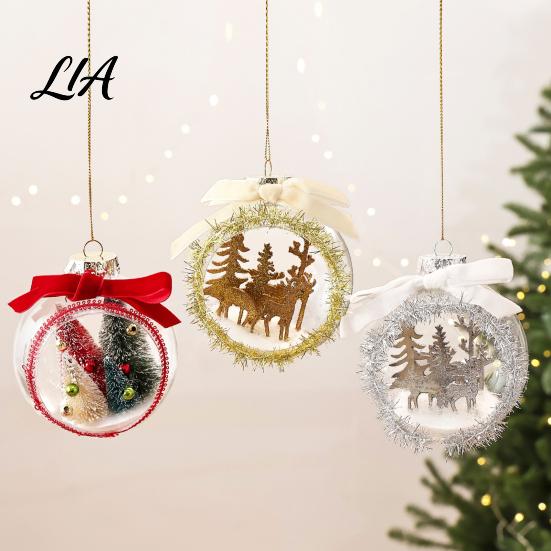 Plastic Holiday Balls Opening Christmas Ball Ornament with Bow, Tree Reindeer Snow Scene Shatterproof Inside Hanging Clear Ball, Xmas Sphere