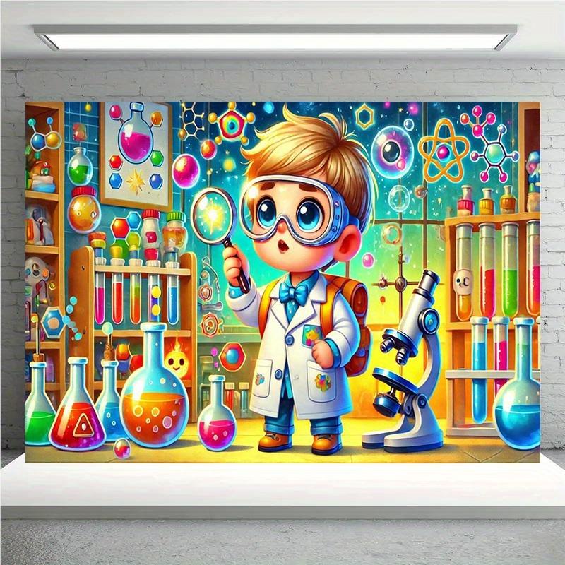 

Cute scientist kid lab tapestry cartoon chemistry microscope beakers childrens room educational STEM playroom wall art learning 74x94cm(29x37in)