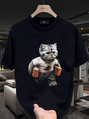 Men's Summer 100% Cotton Fashionable Casual Loose Sports Fun Cat and Brick Pattern Printed Round Neck Short Sleeved T-shirt Top