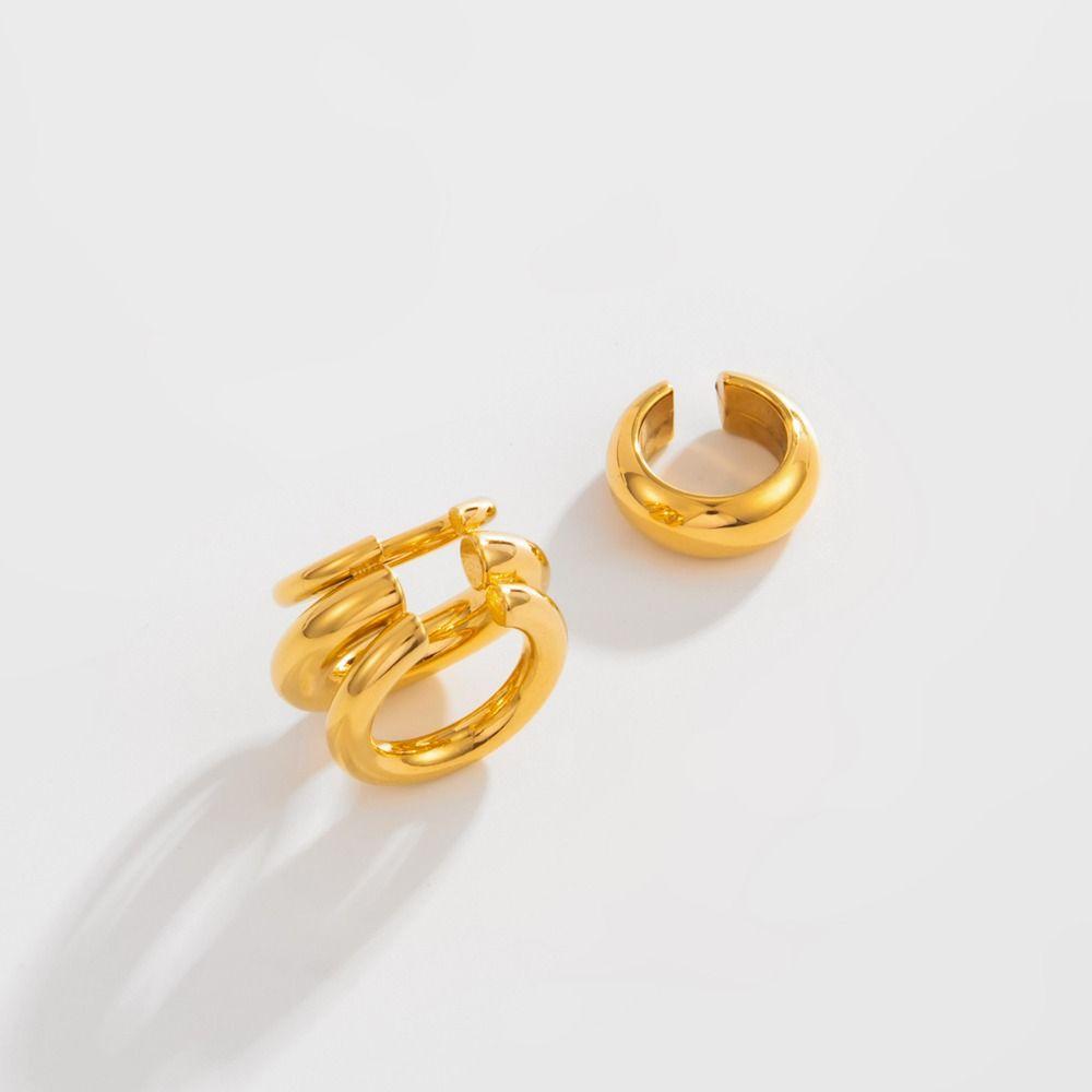 Golded C Shape Ear Cuff Stainless Steel Chunky Triple Ring Clip Retro Gold Jewelry  Women