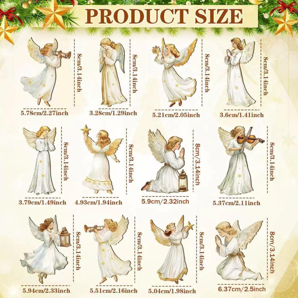 12Pcs Wooden Christmas Ornaments Set Christmas Tree Decoration Angel Ornaments Hanging Decor Pendants Xmas Party Decoration Gift