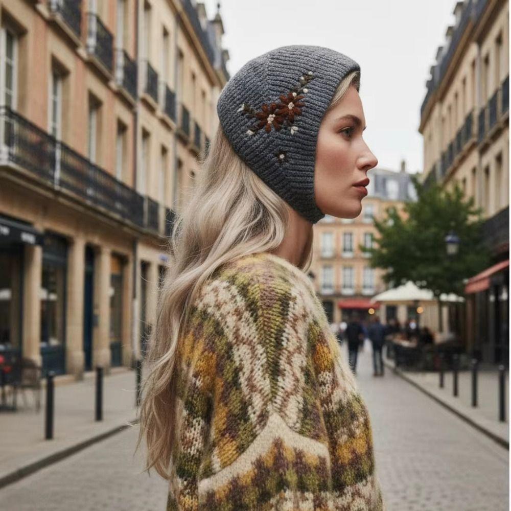 Retro Round Top Cap Floral Crochet Flower Turban Cute Earmuffs  Scarf Accessories