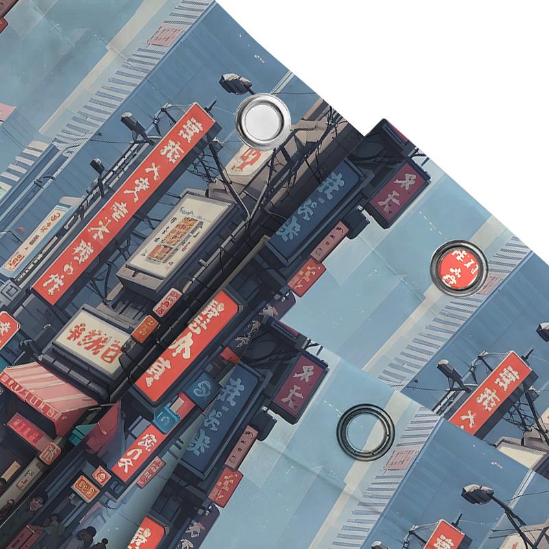 Anime Inspired Cityscape Shower Curtain Vibrant Japanese Signage Urban Aesthetic Design Perfect For Studio Ghibli Fans