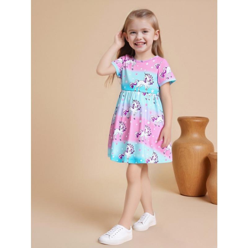 Summer girls fashion casual cute cartoon gradient rainbow full-print round-neck short-sleeved waist-cinching dress 110