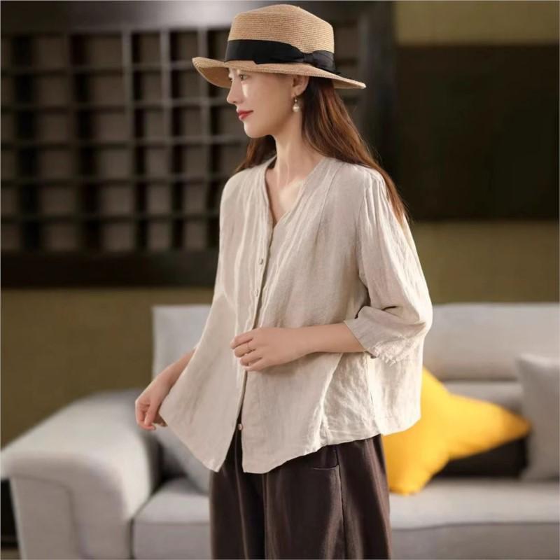 Johnature Women Casual Shirts V-Neck Half Sleeve Blouses Summer Solid Color Button Chinese Style Loose Shirts