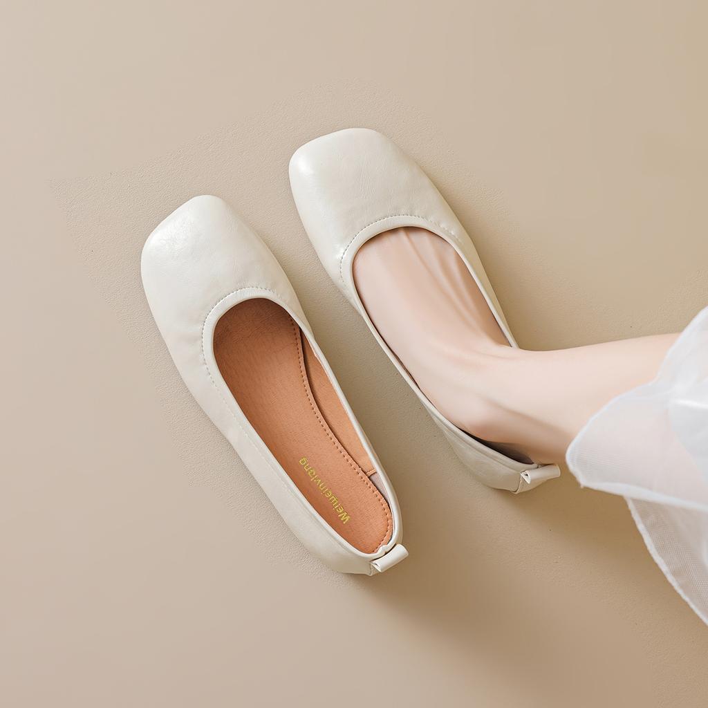 Weiwei Girl 389-7 Retro Grandma Shoes Square Head Single Shoes Women's Flat Bottom One Pedal Soft Sole Shallow Mouth Commuting Women's Shoes