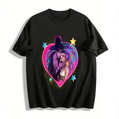 Camiseta Estampada de Patrón de Maldición Oscura para Pareja con Corazón Estilo Urbano Moderno Unisex Camiseta Casual de Algodón Puro