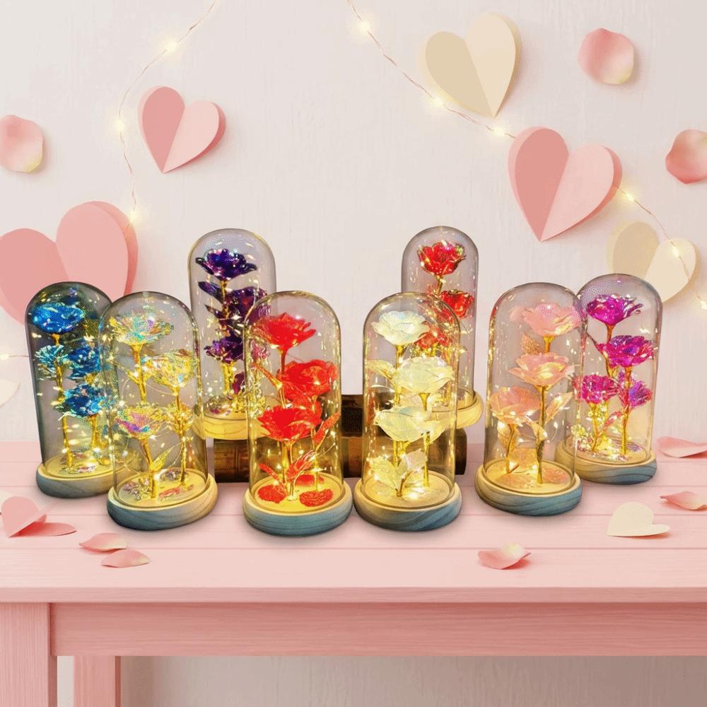Romantic Artificial Rose Light with Acrylic Cover 3 Heads Rose Light Up Rose Simulation Luminous Eternal Rose Lamp Mothers Day