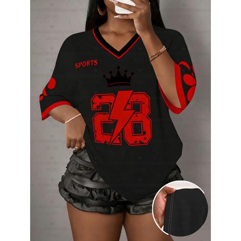 Women's Print V-Neck Short Sleeve T-Shirt Summer Graphic Tee Baseball Jerseys Sport T-Shirt