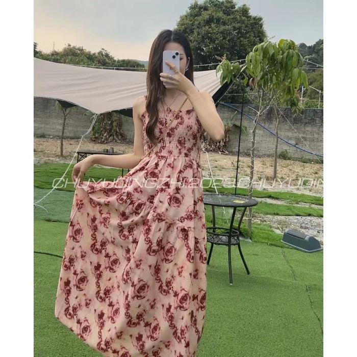 French suspender floral long A-shaped skirt women's clothing autumn new retro waist and thin temperament French dress