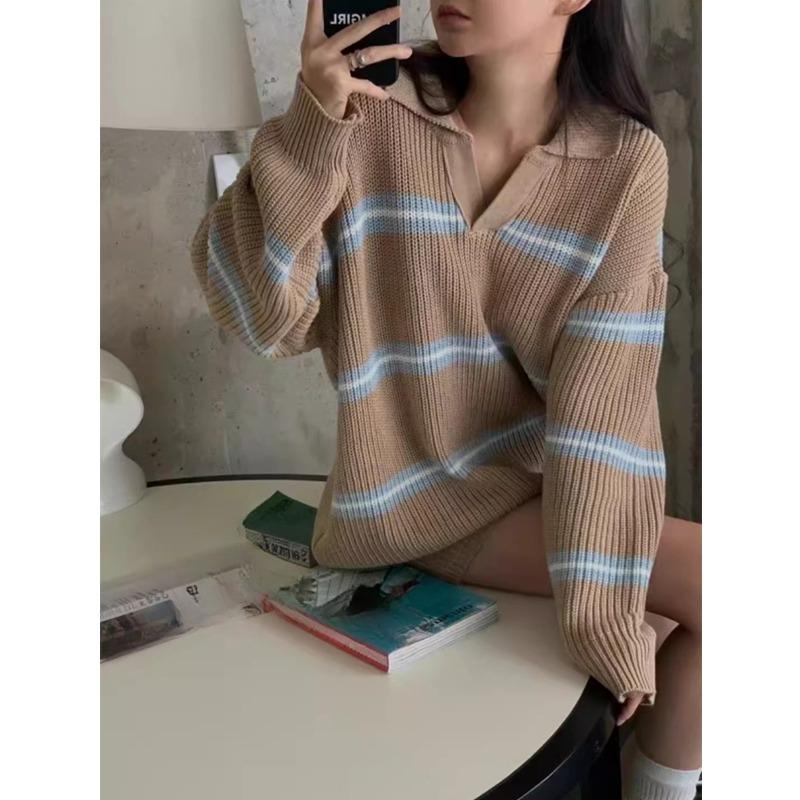 Vintage Stripe Casual Sports Suit for Women Spring Autumn Fashionable Relaxed Knit Long Sleeve Top + Shorts Two-piece Set Female