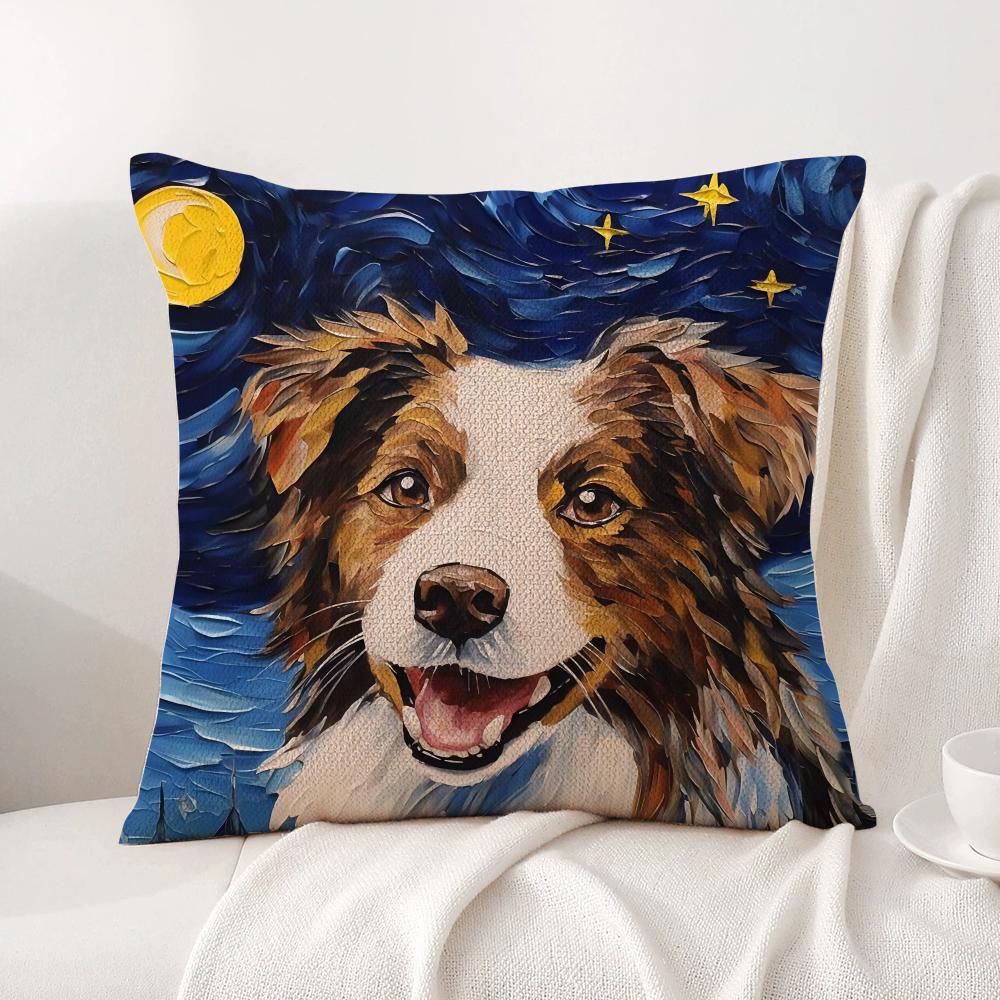 Catoon Starry Sky Dog Cushion Cover Natural Linen Organic Fabric DoubleSided Printing Sofa Home Decor Breathable Bed Pillow