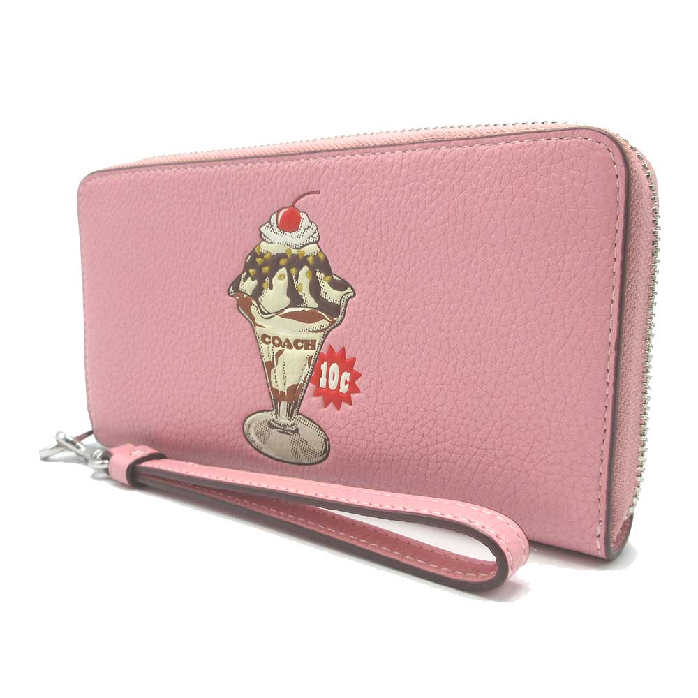 Coach long zip-around leather wallet strap Sunday graphic cherry blossom color.