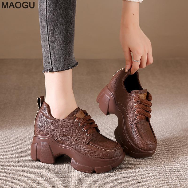 Height Increasing Sports Casual Shoes Spring Autumn New Lace Up Leather Sneakers Versatile Platform Chunky Sole Women's Footwear