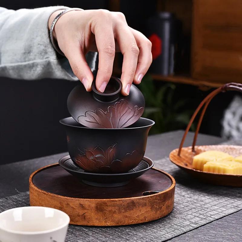 Vintage Purple Pottery Gaiwan Pot Bearing Chinese Handmade Tea Bowl Teacup Beauty Tea Infuser Household Travel Personal Teaware