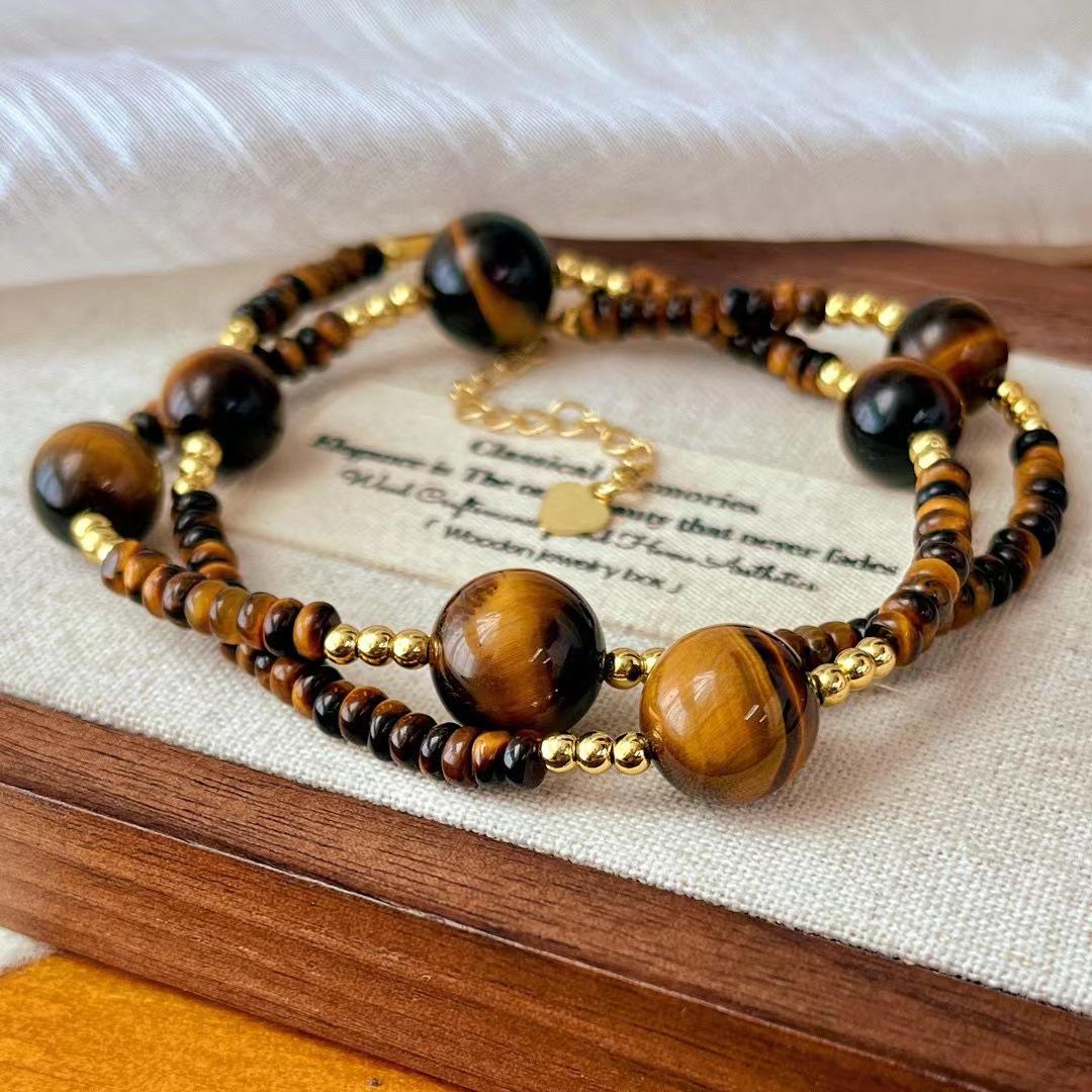 

Vintage Natural Tiger S Eye Stone Round Beads Maillard Niche Personality Design Sense Collarbone Chain High Sense Necklace