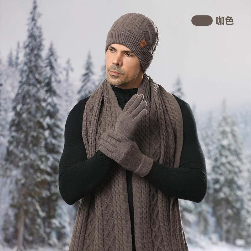 Winter Alpaca Wool Knit Hat Scarf Gloves Set Men Outdoor Cycling Warm Thick Lined Beanie Accessory