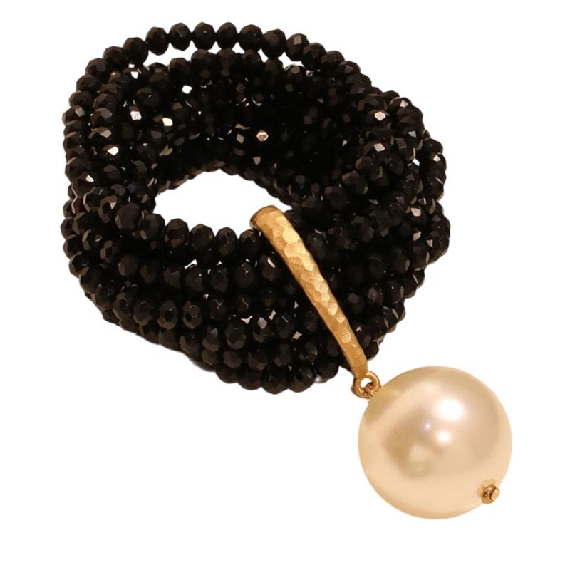 Multi Layer Artificial Crystal/Pearls Bead Bracelet With Lightweight Resin For Comfortable Daily Wear & Parties чёрный