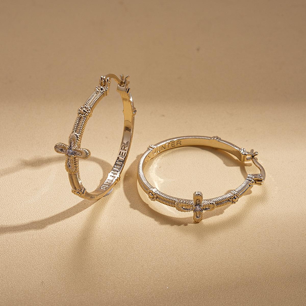 10k light gold zircon cross round earrings ins wind ear buckle light luxury earrings.