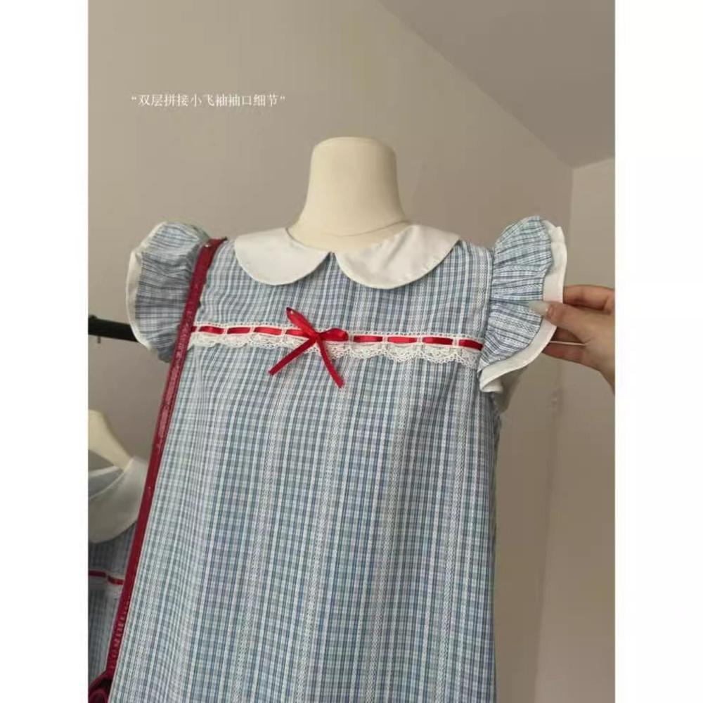 

Летнее платье с рукавами-крылышками в синюю клетку для женщин, маленькое летнее новое платье с кукольным воротником и короткой юбкой, суперкрасивое платье принцессы XL- (recommended 110-60kg)