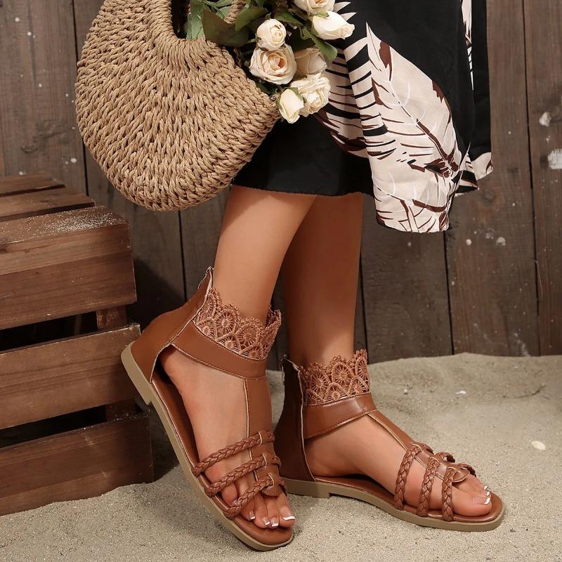 Fashion 2025New Summer Sandals  Square Head Woven Bag with Back Zipper Soft Sole Anti-slip Wear-resistant Flat Shoes Women Shoes