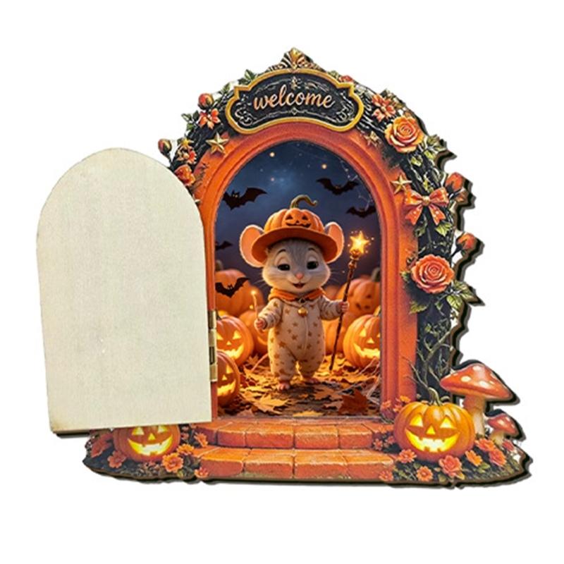 Wooden Indoor Halloween Arched Door Plaque Two Layer Sign with Round Adhesive Mounts for Party Entry Accent Use
