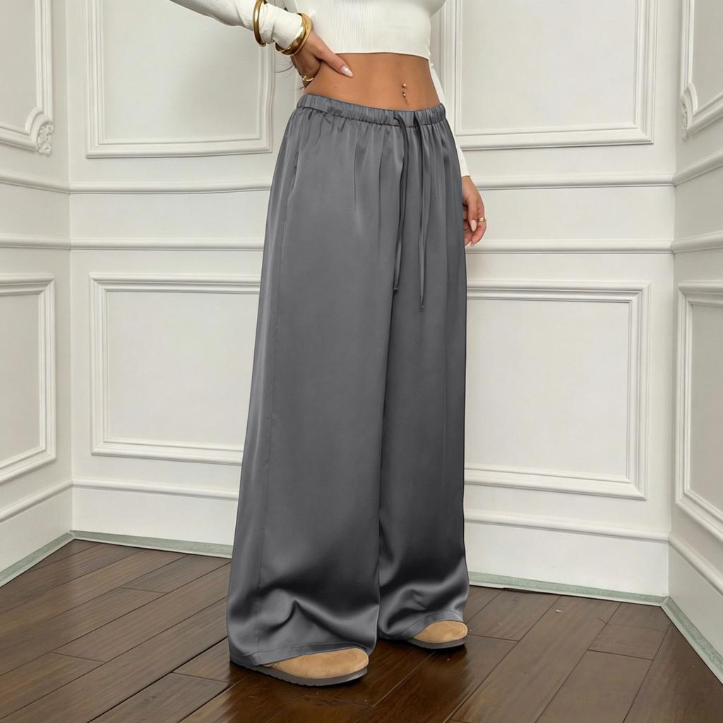 Women High Waist Loose Fit Wide Leg Pants Soft Flowing Fabric Relaxed Casual Trousers with Drawstring Waistband for Daily Wear