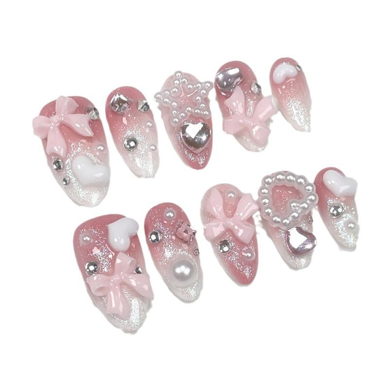 Handmade Press-On Nails Sweetheart Style Almond Shape Pink Nude With Heart Bow Star Decor