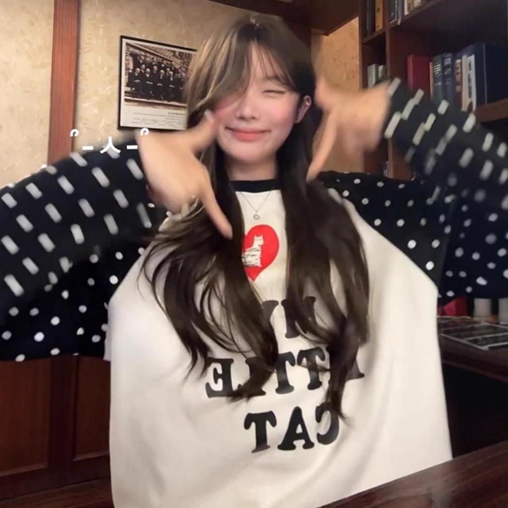 American Retro Love Polka Dot Contrasting Color Shoulder-length Sleeve T-shirt for Women's Autumn Loose and Lazy Casual Top for Women