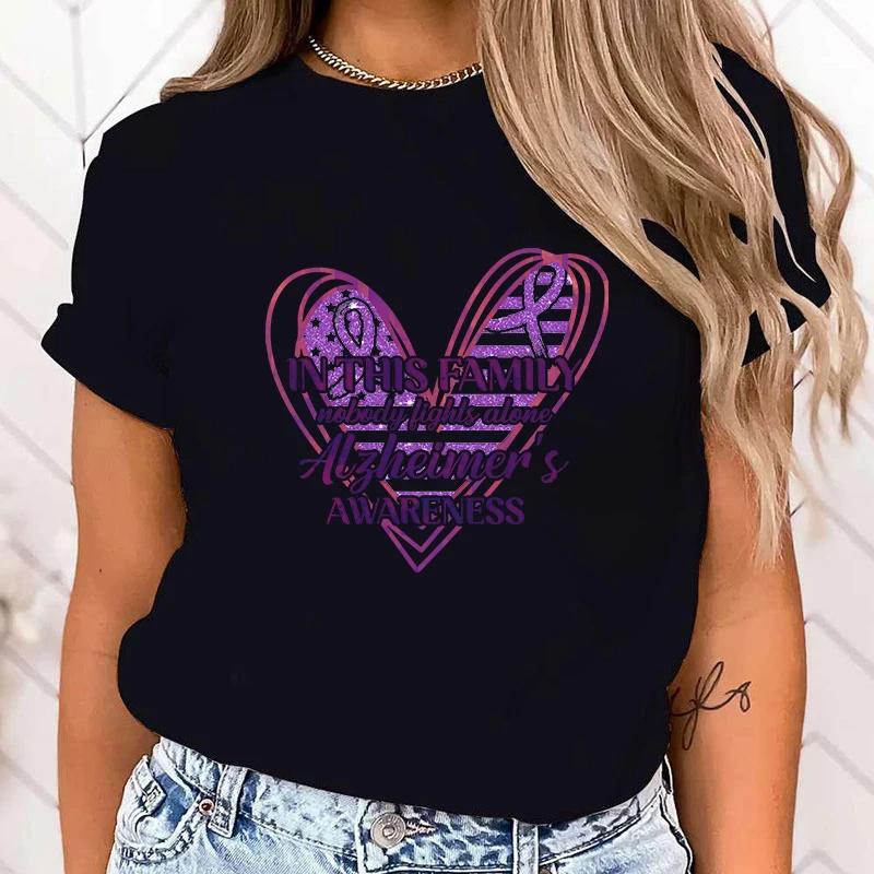 (High Quality T Shirt)New In This Family Nobody Fights Alone Alzheimer'S Awareness Print T Shirt Women Short Sleeve Tops Tees