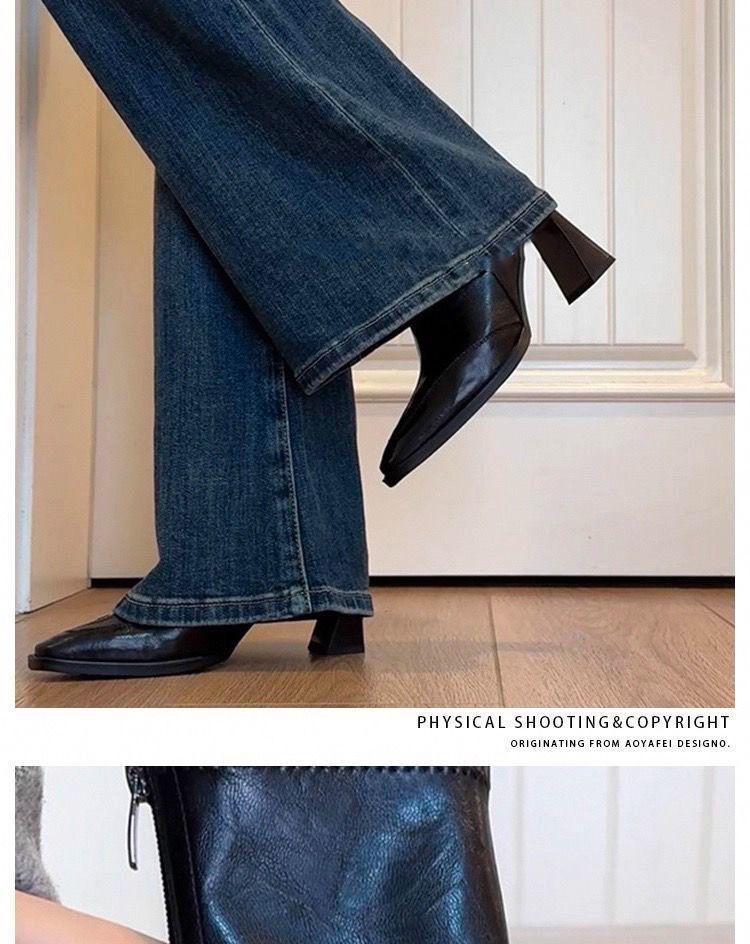 French Retro Square Toe Chunky Heel Ankle Boots for Women - Autumn Winter Versatile Slim Fit In Brown Black.