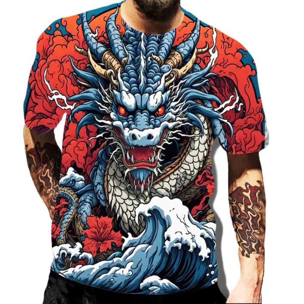 Summer Round Neck 3D Dragon Series Print Top Fashionable Casual Short Sleeved Men's T-shirts