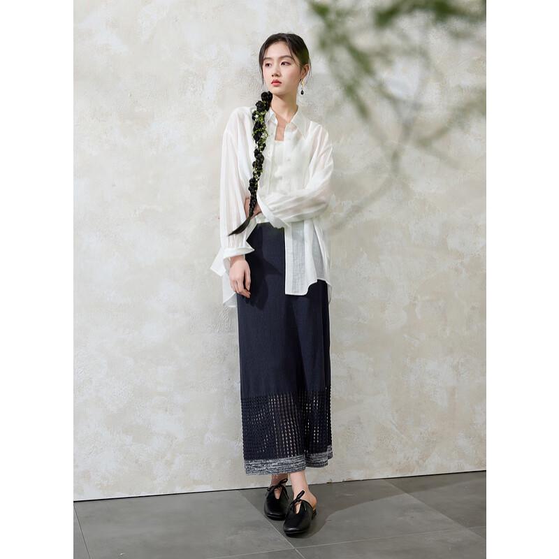 Sancai 2025 Spring New Chinese Style High-Waist Hollow-out Knit Midi Skirt M