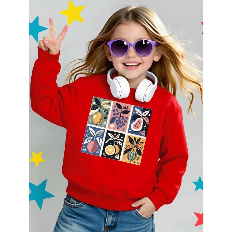 Girls' Long-Sleeve Casual Crewneck Sweatshirt | Fruit Plant Pattern Art Design, Colorful Style