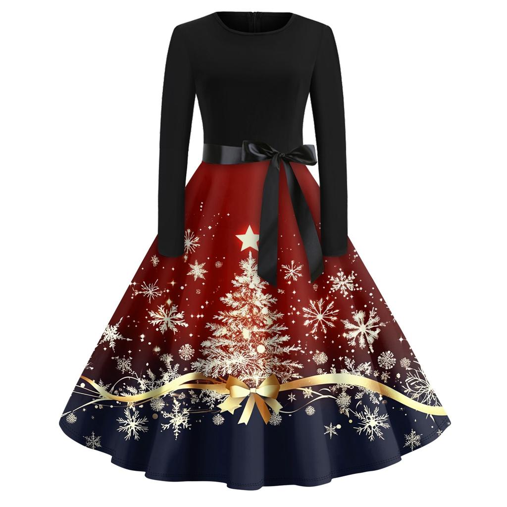 Damen Vintage Classic Kleid Langarm Weihnachtsdruck Rundhals Swing Kleid