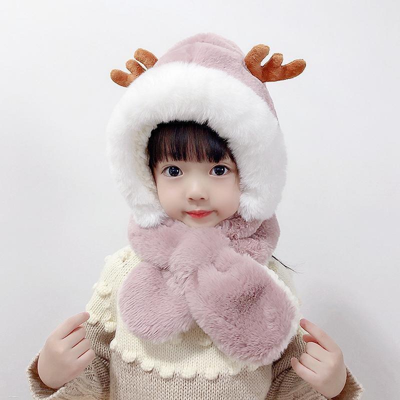 Winter new children's hats and scarves integrated boys and girls warm plush baby antlers ear hat cartoon