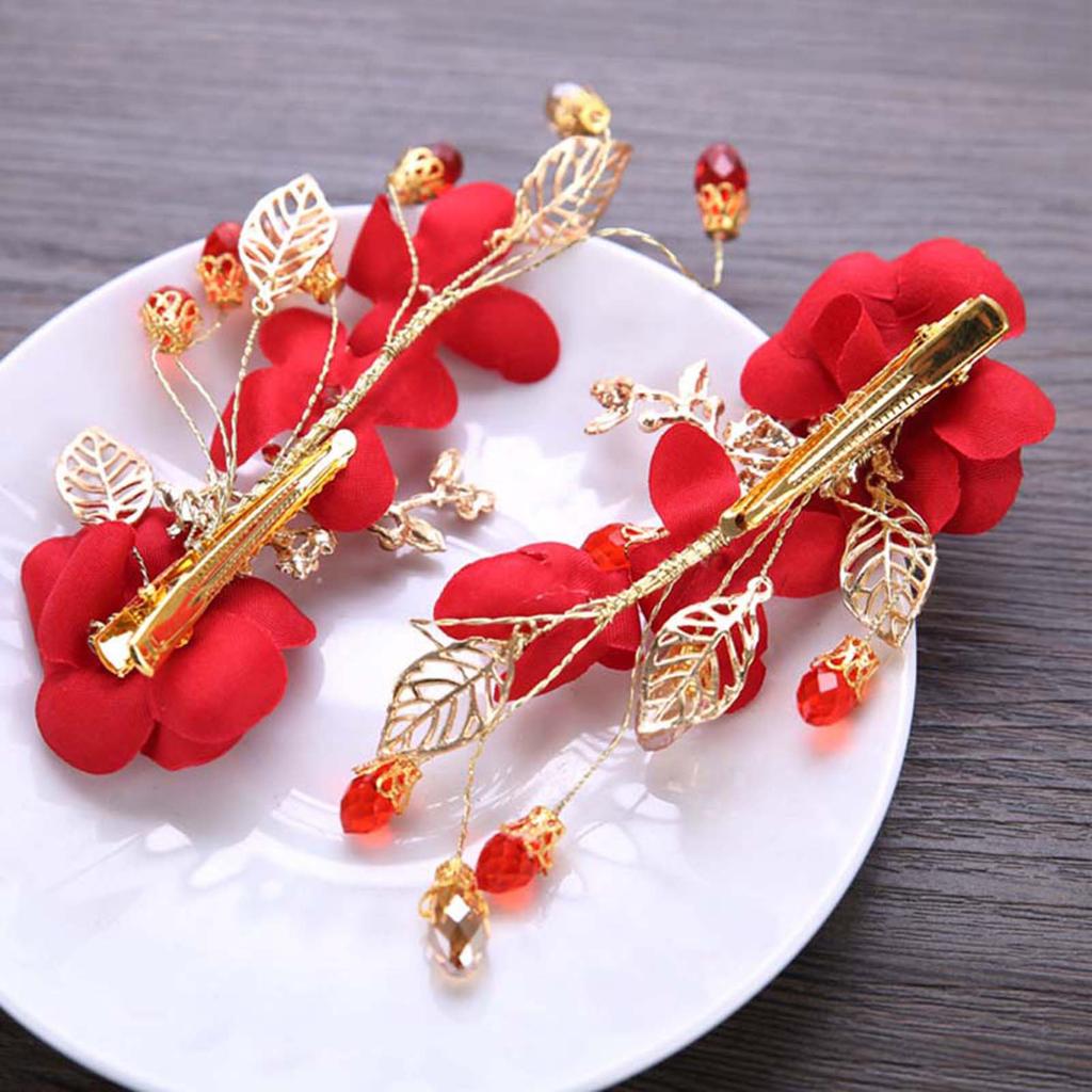 Vintage Silk Flower Hairpin For Girls Red Flower Pearl Hair Clip New Year Lucky Jewelry Hair Accessories Gift For Little Girls