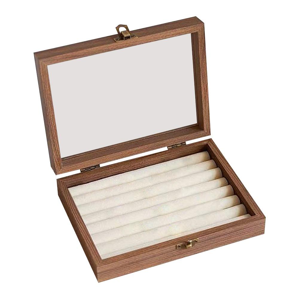 Walnut Color Jewelry Storage Box Dust-proof Design Velvet Material Ring Storage Box Glass Lid Light Luxury Packaging