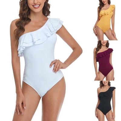 Bikini Sommer Mode Slim Fit Einfarbig Rüschenkante Freiliegender Antiklinaler Ein-Schulter Einteiler Badeanzug