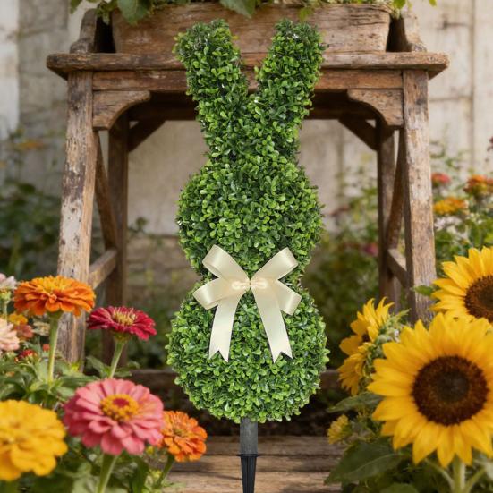 Easter Bunny Topiary Tree Garden Stake Rabbit Shaped Artificial Topiary with Bow Indoor Outdoor Porch Easter Holiday Party Decoration
