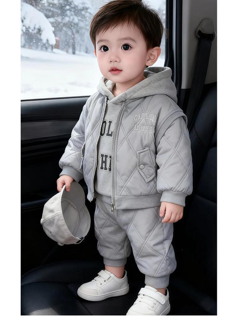 Children's Fleece-Lined Hoodie Set: Padded Vest, Cotton Pants, Baby Outerwear for Autumn & Winter