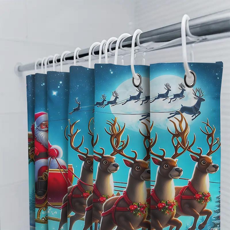 Santa Claus Christmas Shower Curtain Reindeer Sleigh Gifts Bathroom Decor Snowy Night Moonlit Magic Easy To Clean And Maintain