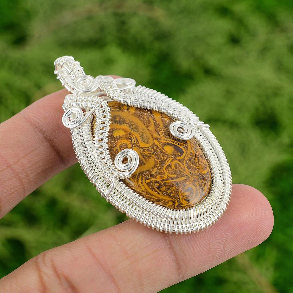 Daughters Day Sale Natural Mariam Jasper Sterling Silver Wire Wrapping Pendant
