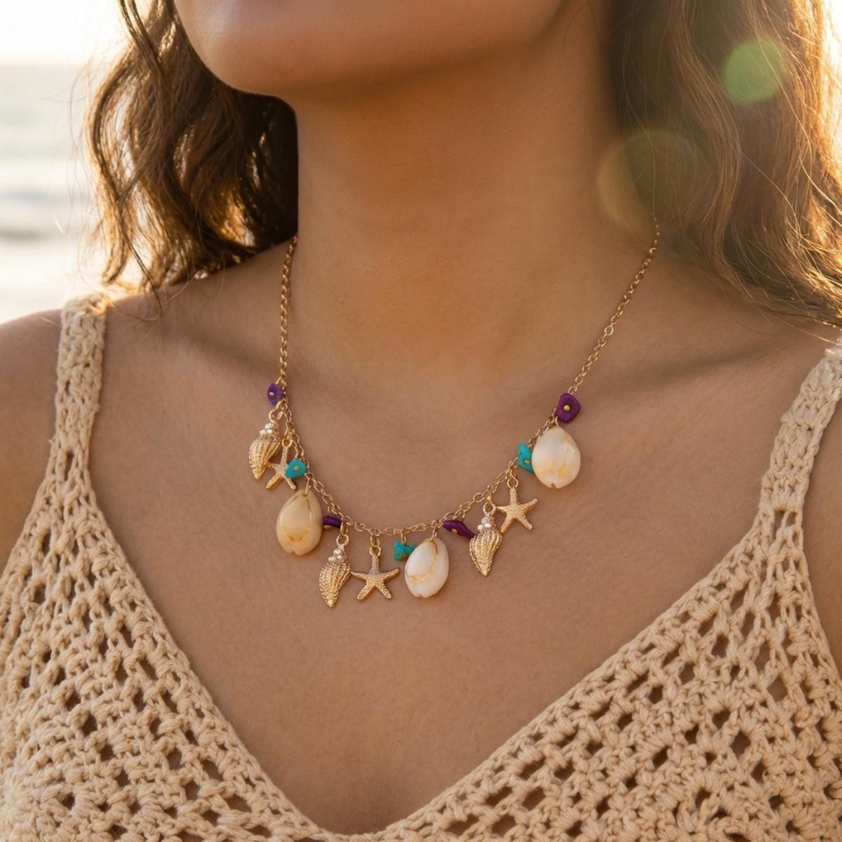 

Boho Coastal Conch Starfish Shell Crushed Stone Beads Pendant Necklace For Women Men Ocean Beach Summer Vacation Choker Jewelry